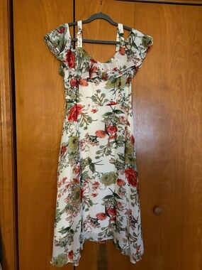 Floral Off-Shoulder Midi Dress in White with Red & Green Print